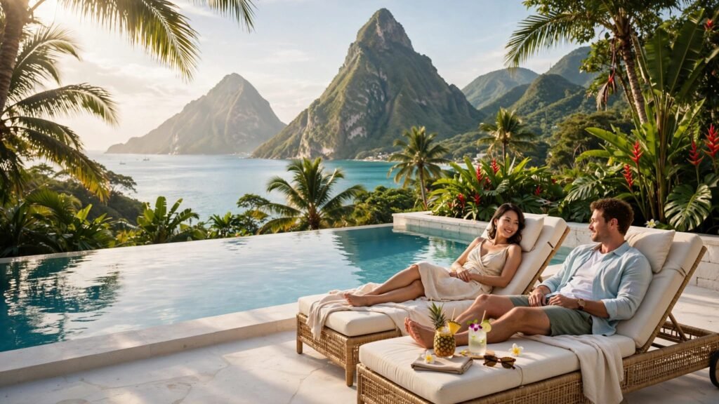 A couple relaxes beside a private infinity pool overlooking the Pitons and turquoise sea.