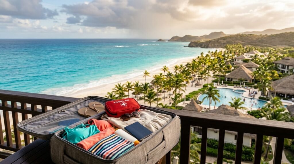 An open suitcase with beach clothes, a booklet, and medical kit overlooking a Caribbean beach.