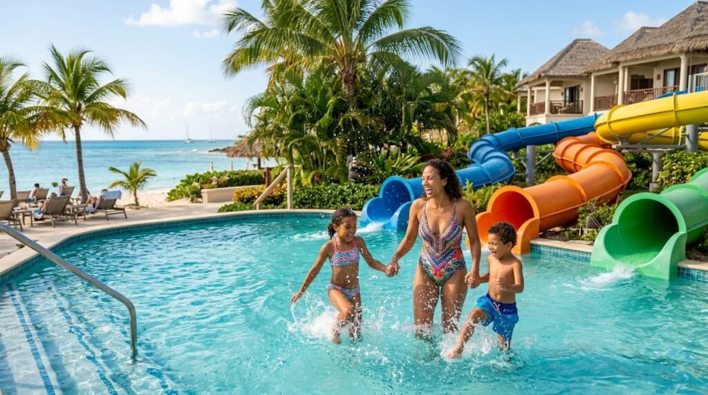 A mother and two children splash in a tropical resort pool near colorful water slides.