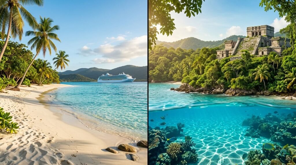 Split view of an Eastern beach and Western Caribbean jungle ruins.