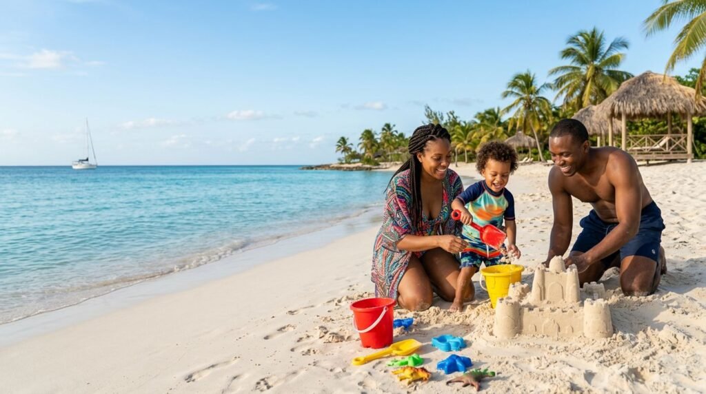 Parents and toddler build a sandcastle on a sunny Caribbean beach.