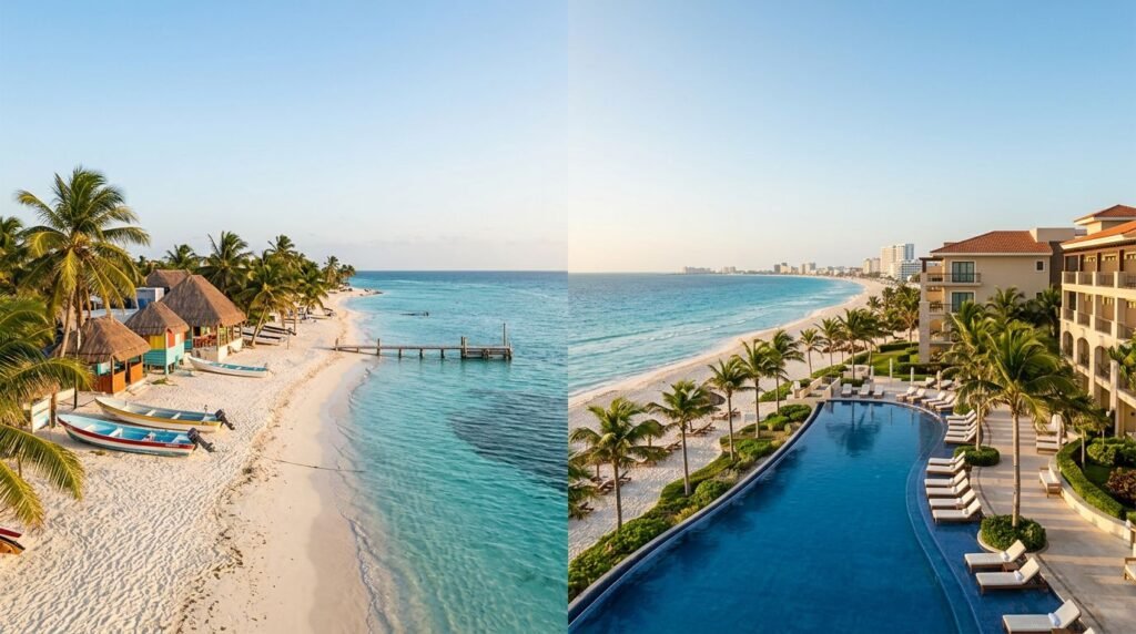 Split view of Isla Mujeres beach and a Cancun resort at sunset.