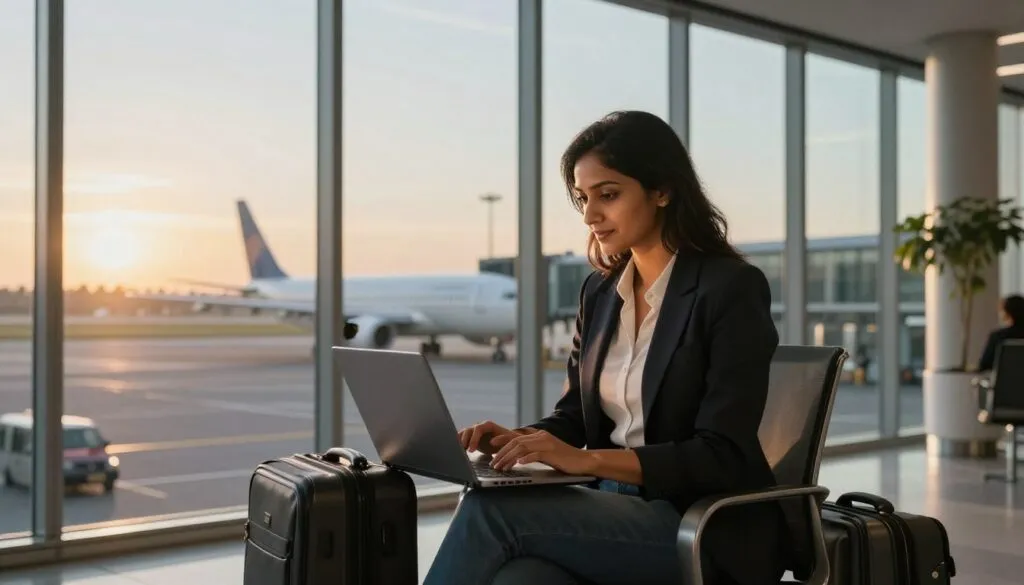 A woman searches flights on a laptop beside coffee and luggage at sunrise.