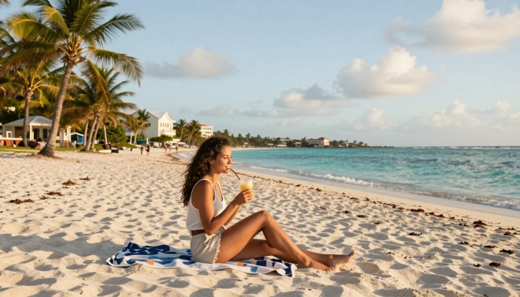 Woman relaxing with a tropical drink on a sunny Puerto Rico beach.