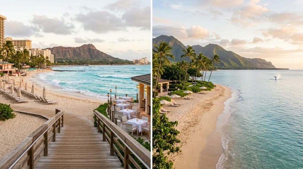 Split view of lively Waikiki and a quiet Maui beach at sunset.