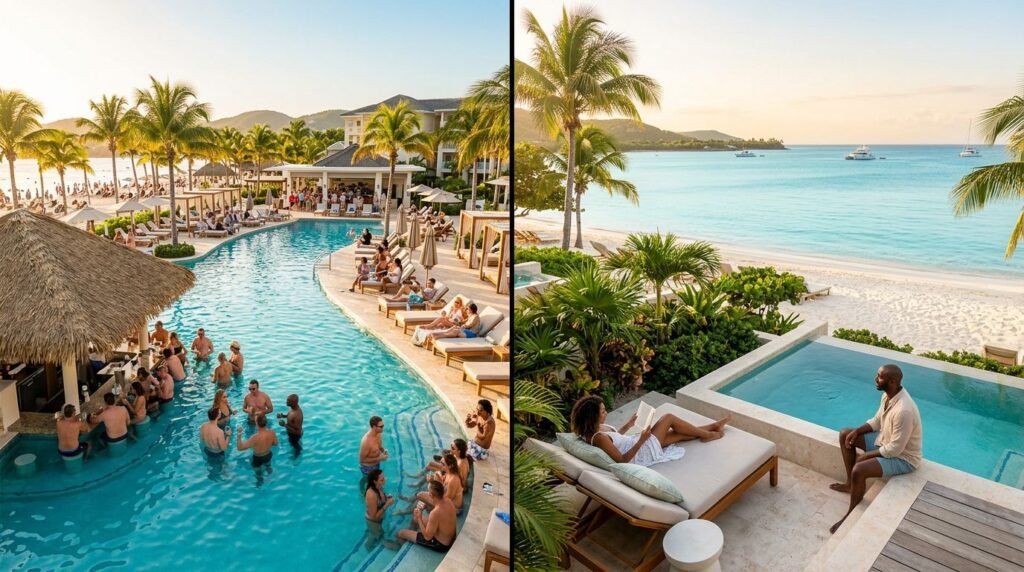 Two tropical resorts show a lively pool area and a peaceful beachfront suite.