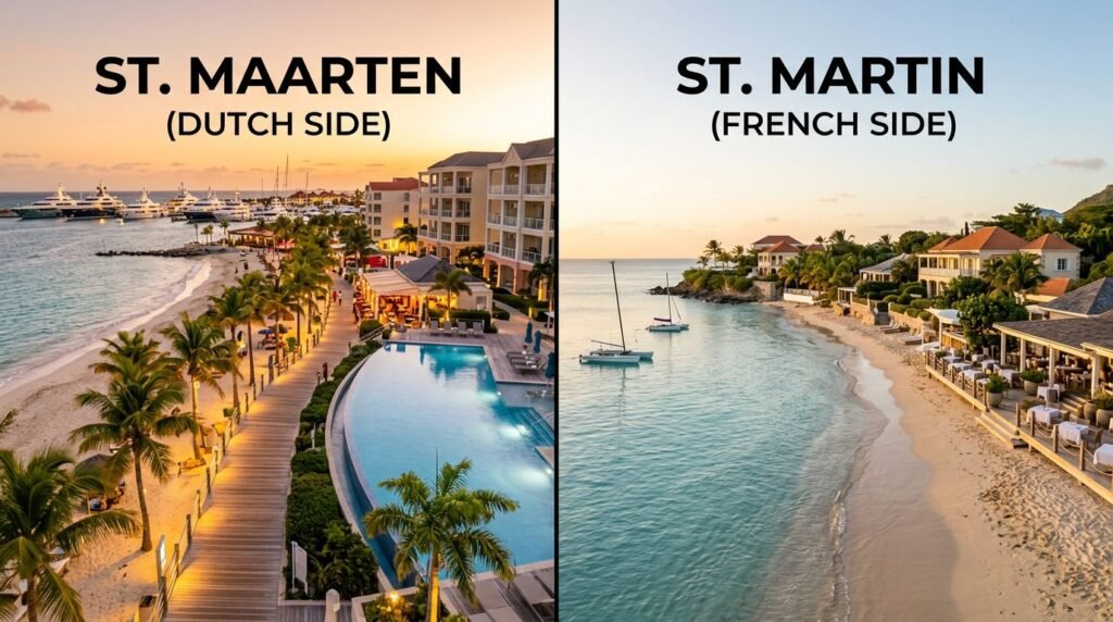 Split view of Dutch and French Caribbean beaches with resorts, villas, yachts, and turquoise water.