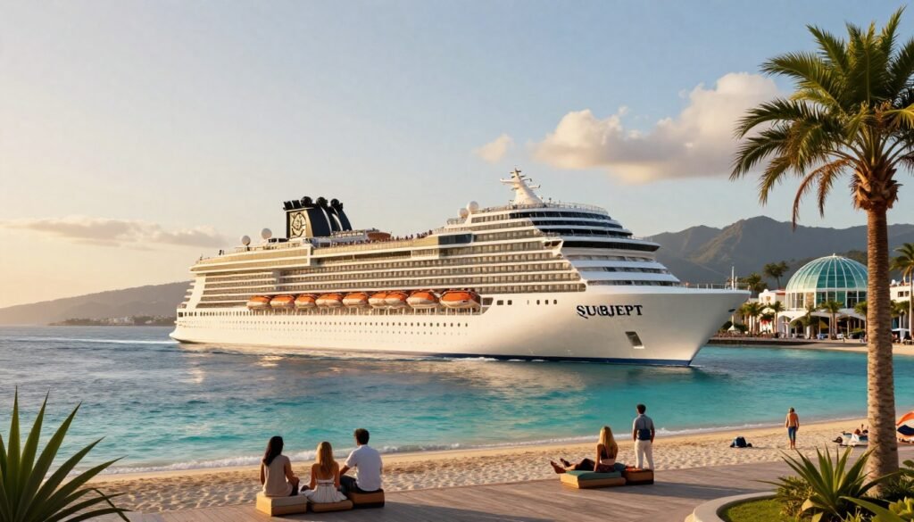 MSC World Europa sails past a distant coastline at sunset.