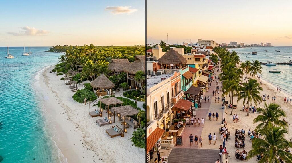 Split view of Tulum’s quiet beach and Playa del Carmen’s lively seaside promenade.