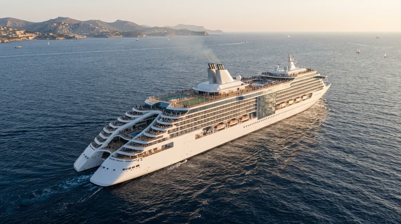 A white futuristic cruise ship sailing at sunset.