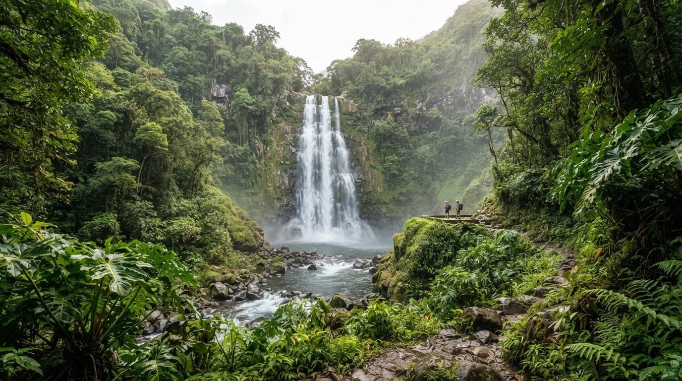 A lush rainforest waterfall and tropical greenery, similar to the hiking trails near Mount Liamuiga on St. Kitts.