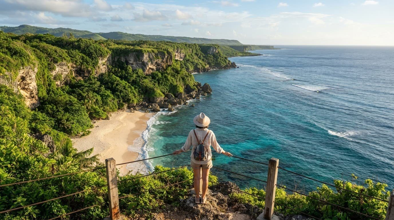 A traveler overlooks Guam's blue water, cliffs, green hills, and a sandy beach.