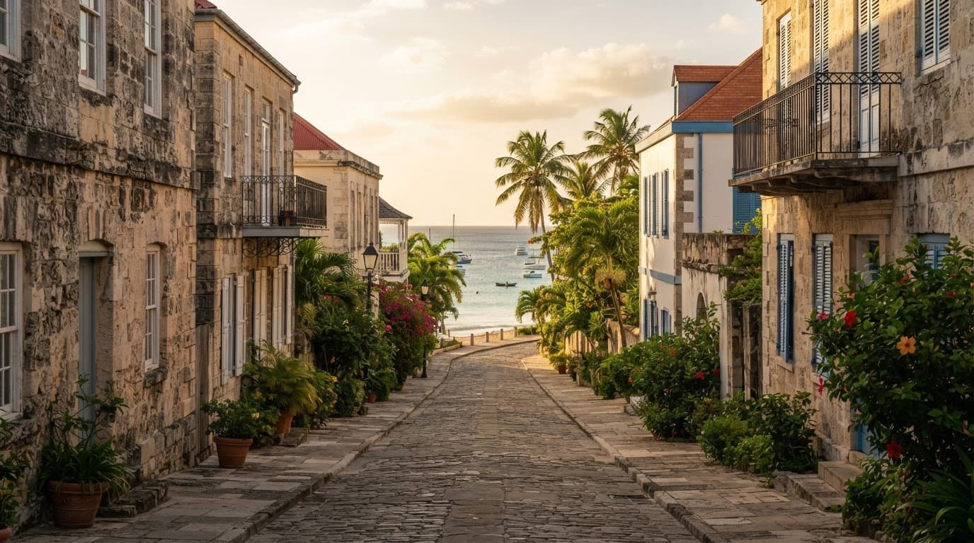 A quiet Bridgetown street with colonial buildings, palms, and warm sunlight leading toward the coast.