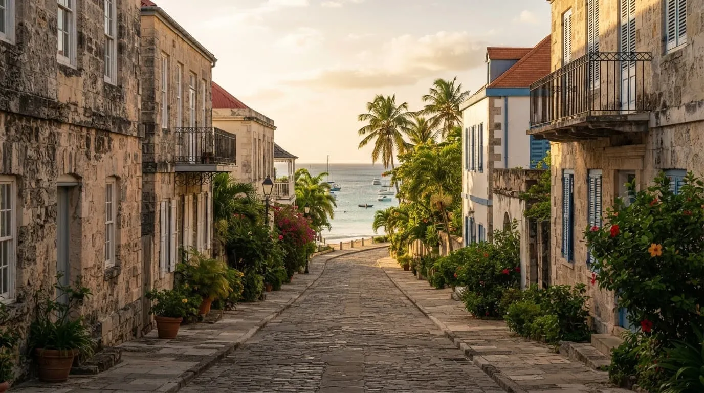 A quiet Bridgetown street with colonial buildings, palms, and warm sunlight leading toward the coast.