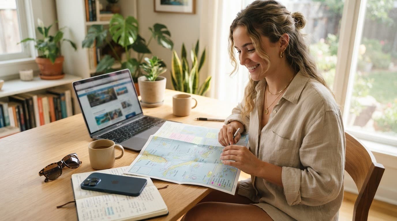 Traveler planning an island trip with a laptop, map, phone, and sunglasses.