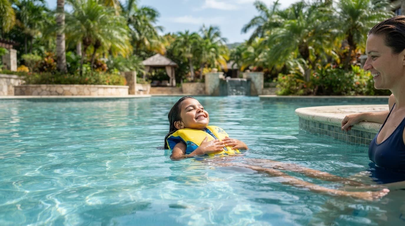 A child in a life jacket floats in a clear pool with a parent nearby.