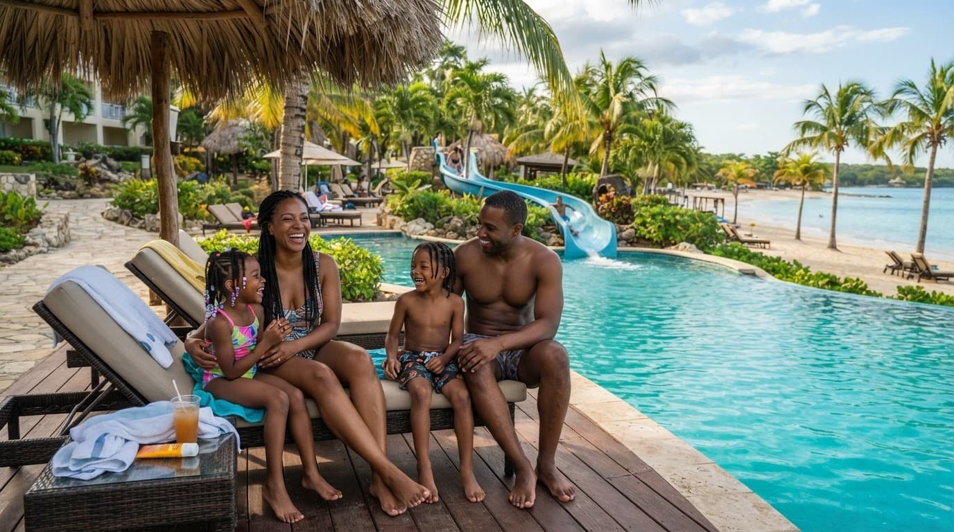 A family of four relaxing beside a turquoise pool with a water slide and palm trees.
