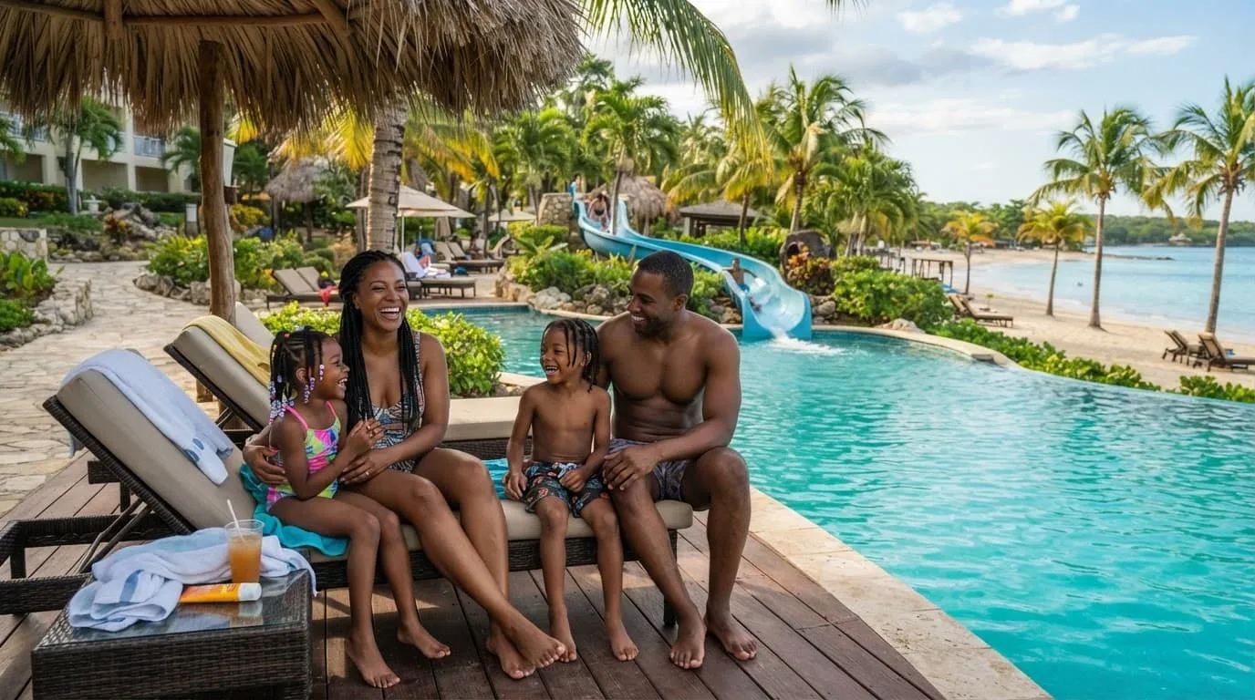 A family of four relaxing beside a turquoise pool with a water slide and palm trees.