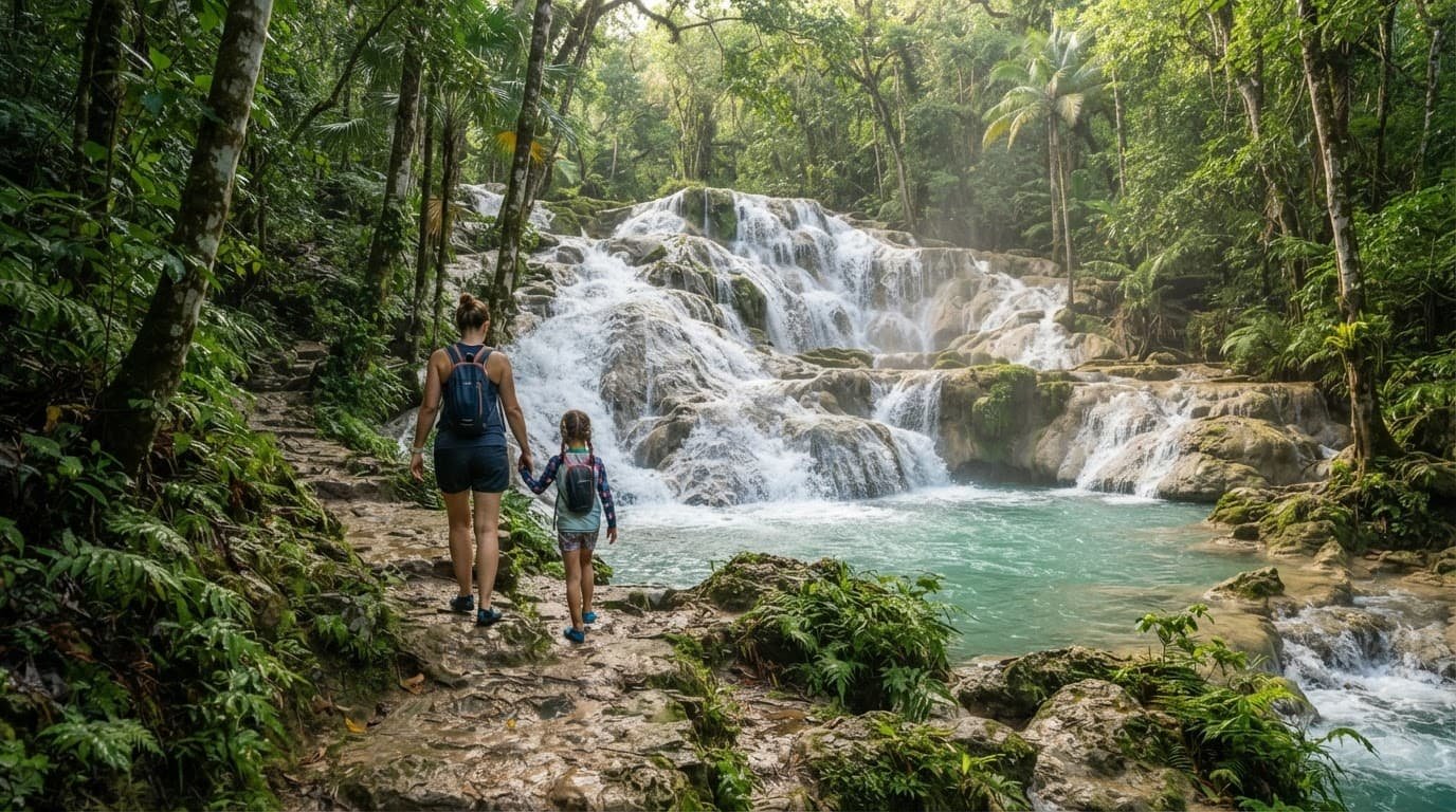 Two travelers follow a rainforest trail toward a waterfall and turquoise pool.
