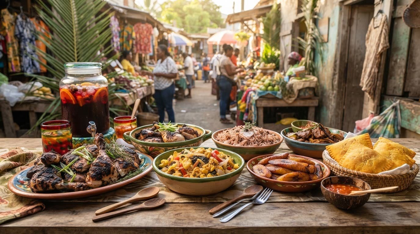 A colorful Jamaican feast fills a rustic table in an open-air market.