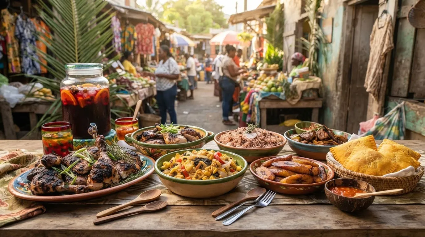 A colorful Jamaican feast fills a rustic table in an open-air market.