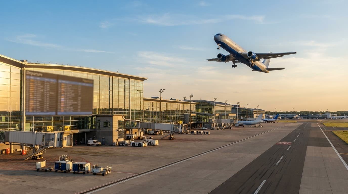 A plane rises behind a modern airport terminal beneath a warm summer sky.