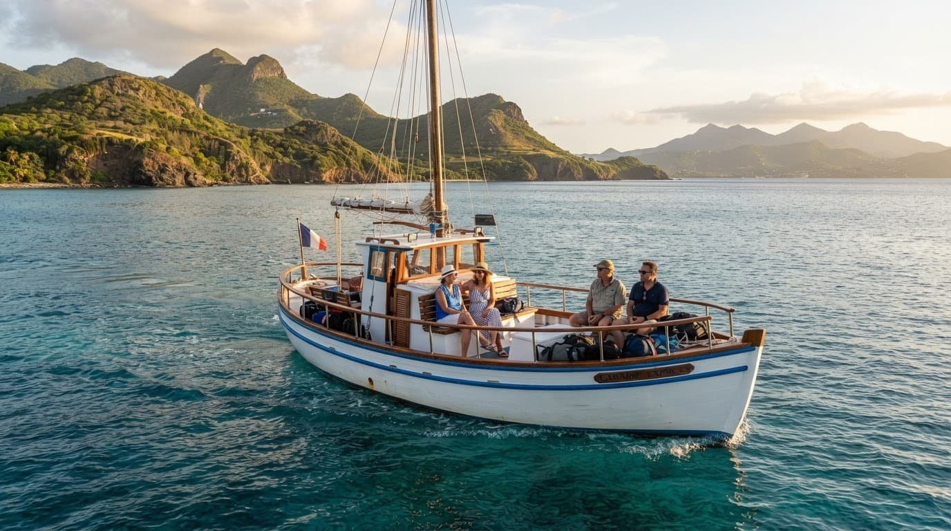 A small passenger ferry crossing calm turquoise water between green Caribbean islands.