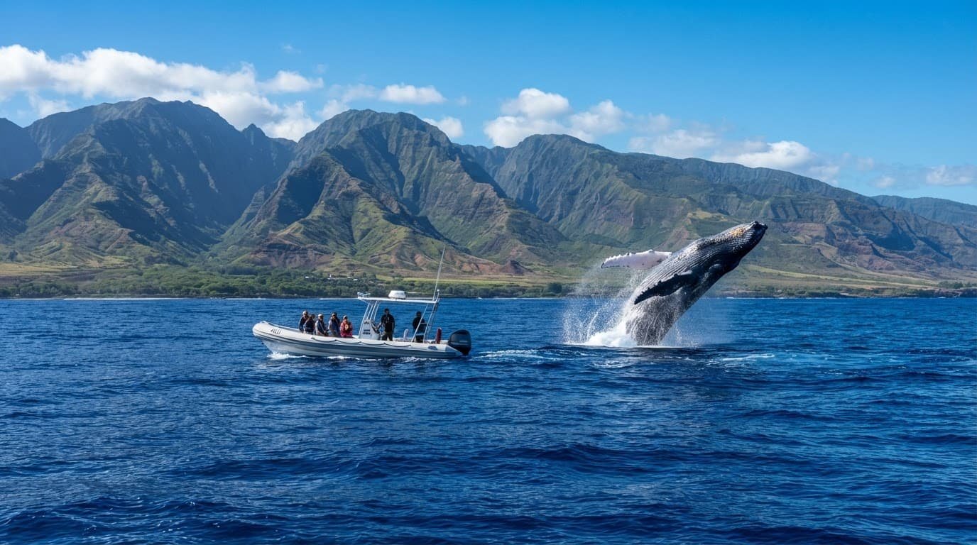 A whale breaches near a small boat off Maui's coast.