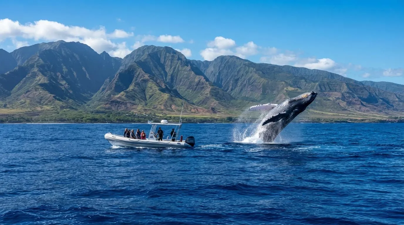 A whale breaches near a small boat off Maui's coast.