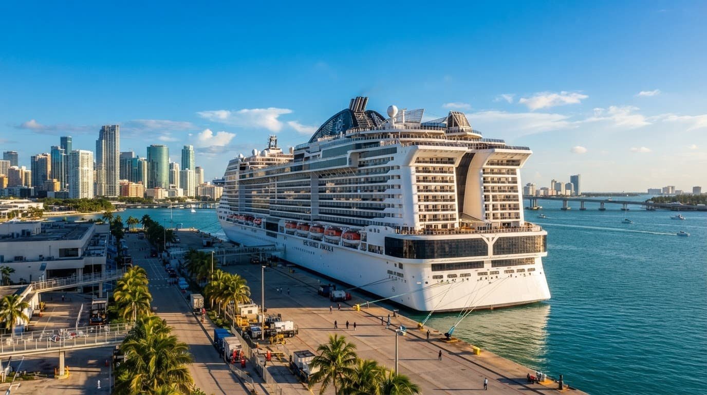 A large cruise ship docked at Miami's terminal with palm trees and distant travelers.