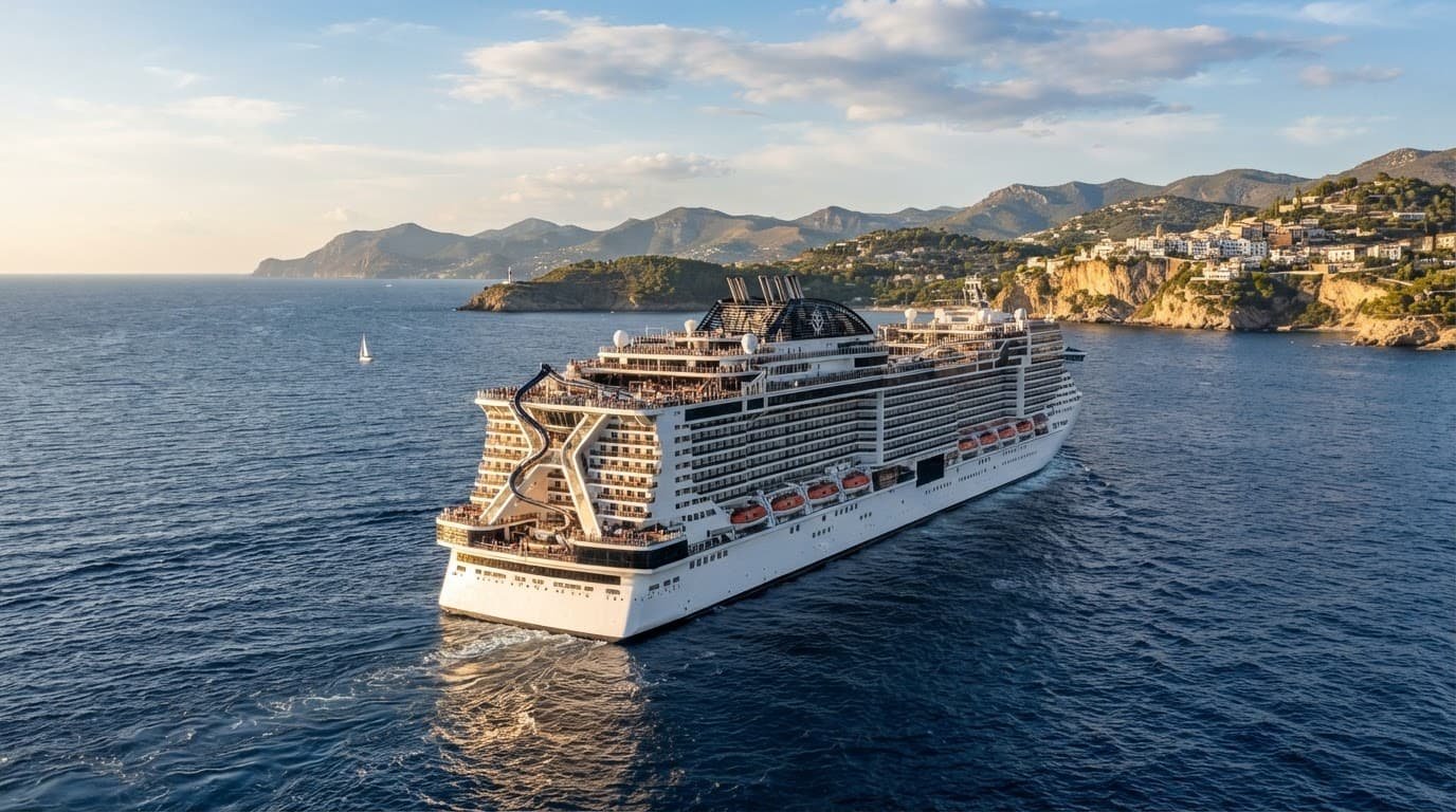 MSC World Europa cruise ship sailing near the Mediterranean coast in warm sunlight.