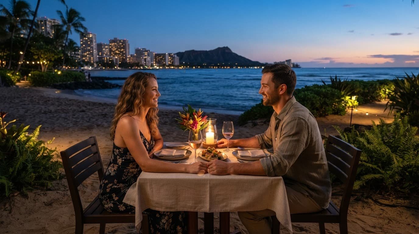 A couple shares dinner at an oceanfront table beneath a colorful Honolulu evening sky.