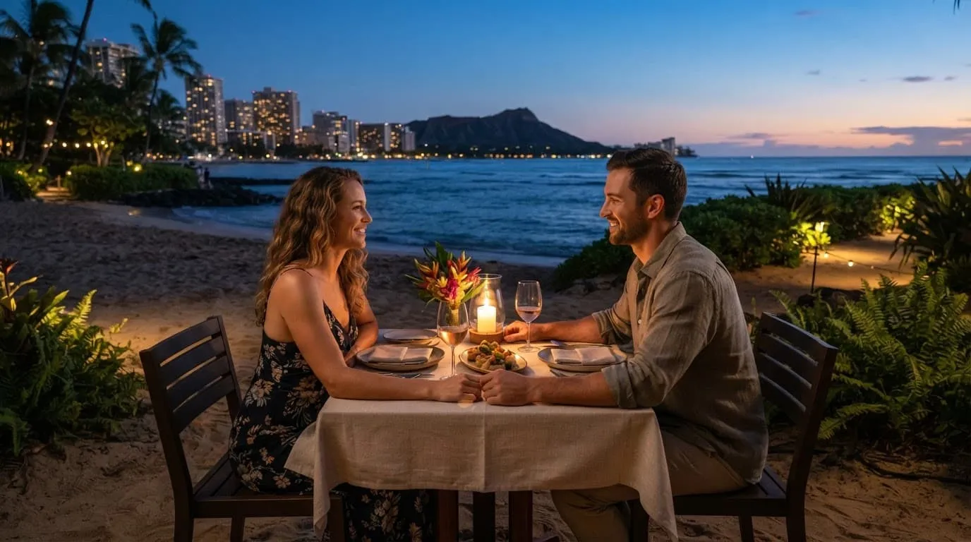 A couple shares dinner at an oceanfront table beneath a colorful Honolulu evening sky.