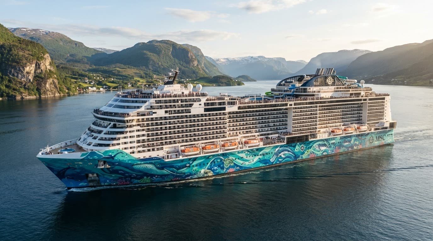 A colorful ocean-themed cruise ship sailing on calm Northern European waters.