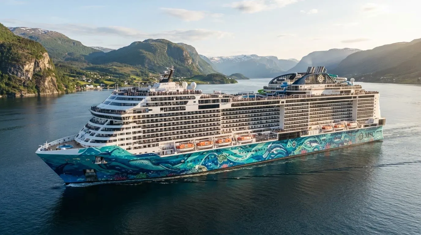 A colorful ocean-themed cruise ship sailing on calm Northern European waters.