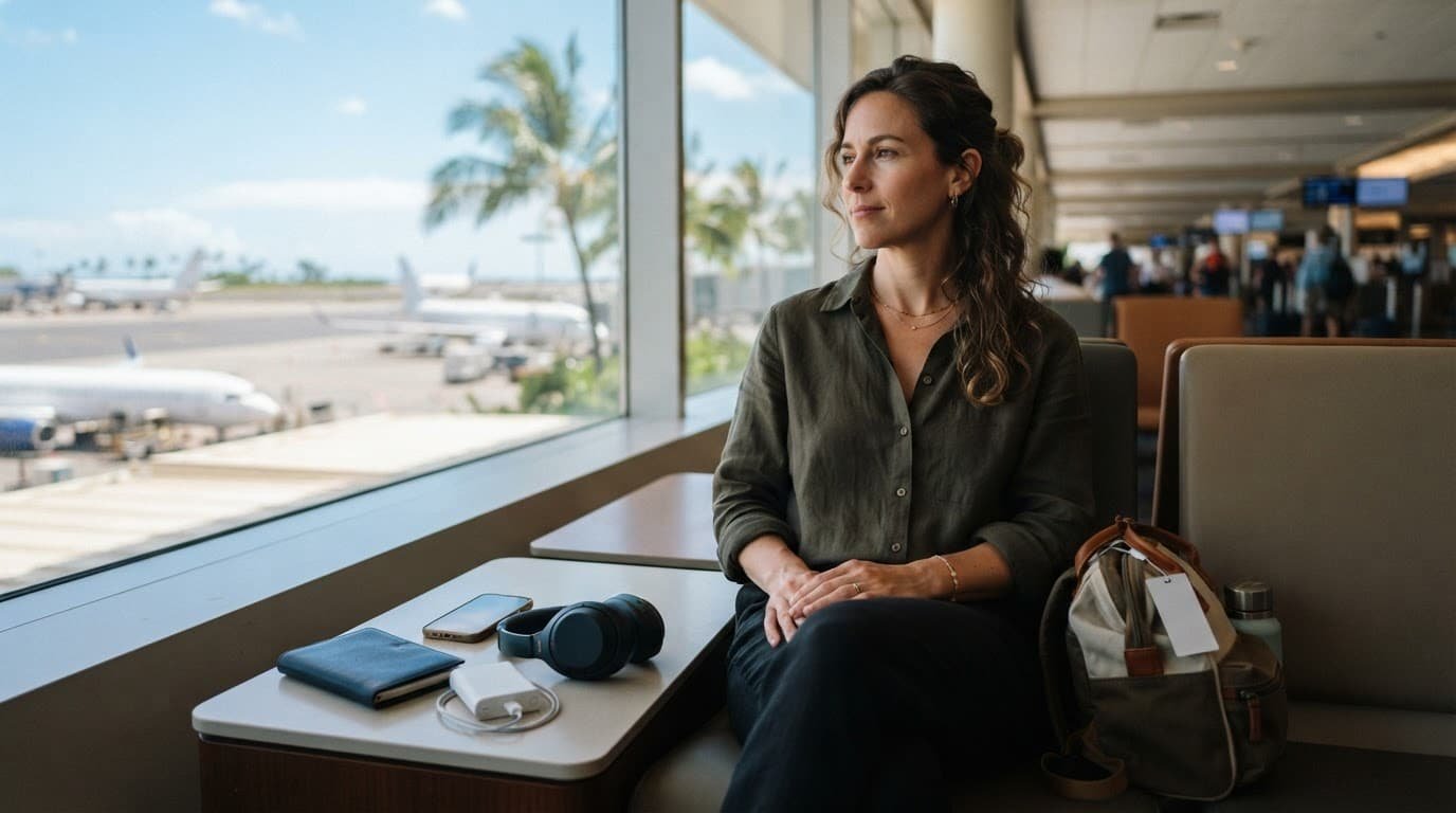 Traveler with a passport holder, phone, headphones, charger, and carry-on in an airport lounge.