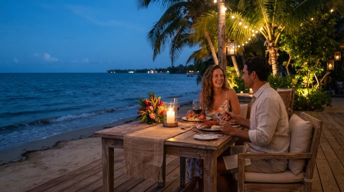 A couple enjoys candlelit dinner beside the Caribbean Sea in Placencia.