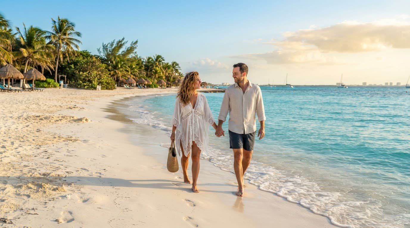 A couple holding hands on a sunny white sand beach beside clear blue water in Isla Mujeres.