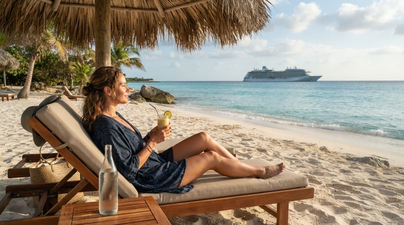 A traveler relaxes in a shaded chair with drinks on a white-sand beach near a cruise ship.