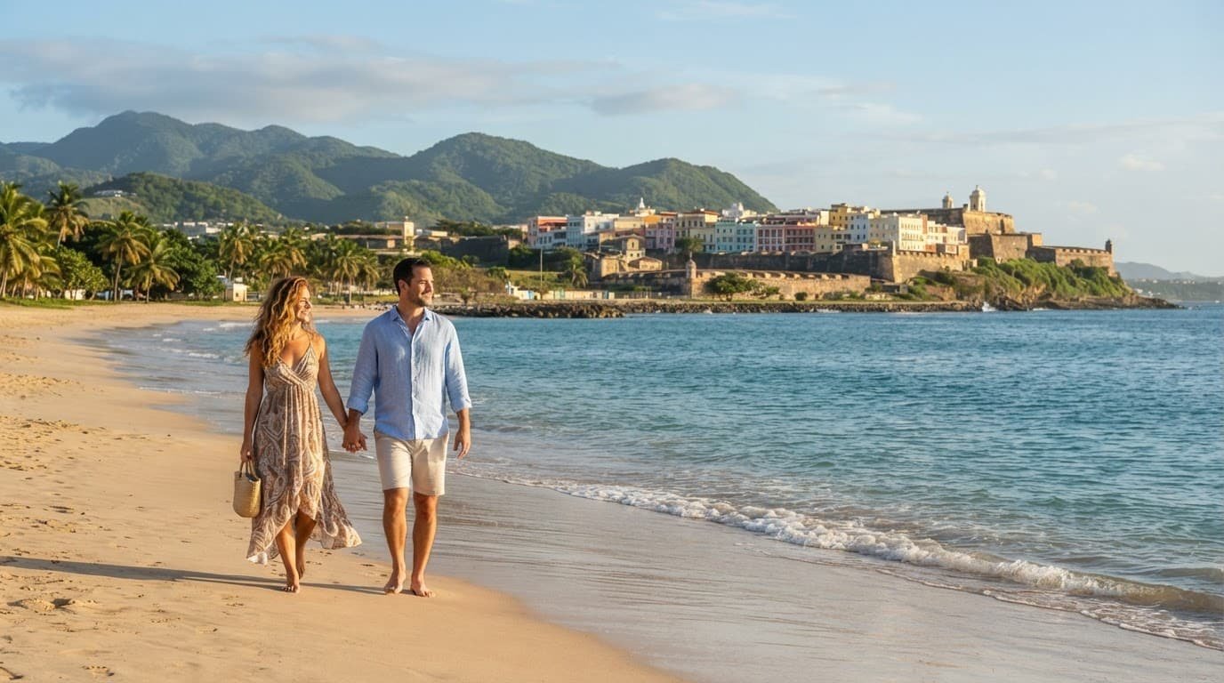 A couple strolls along a bright Puerto Rico beach with colonial buildings and tropical hills behind them.
