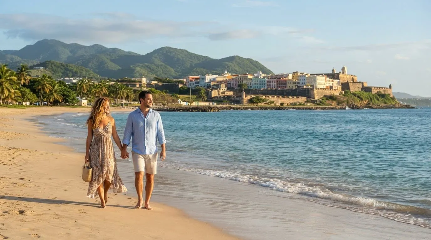 A couple strolls along a bright Puerto Rico beach with colonial buildings and tropical hills behind them.