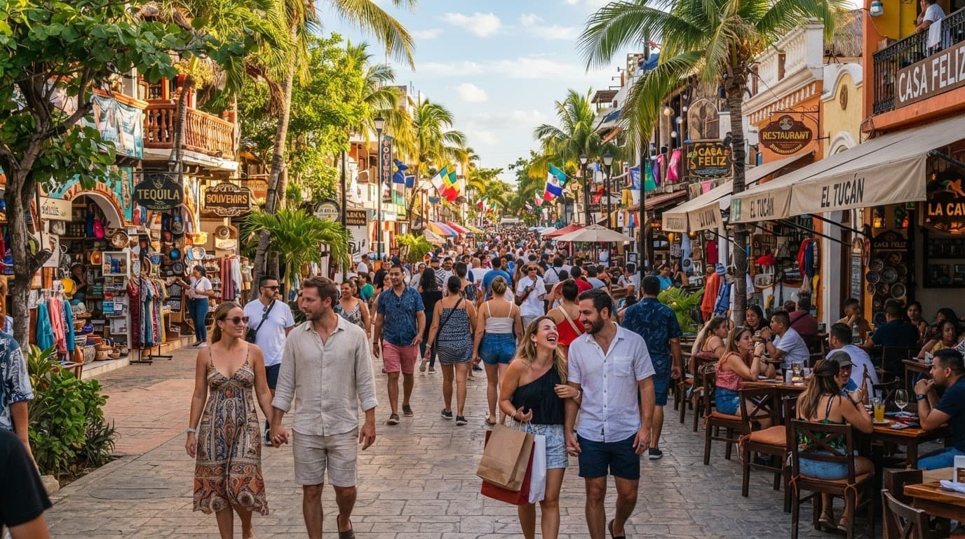 People walking past shops, palm trees, and café tables on Quinta Avenida in Playa del Carmen.