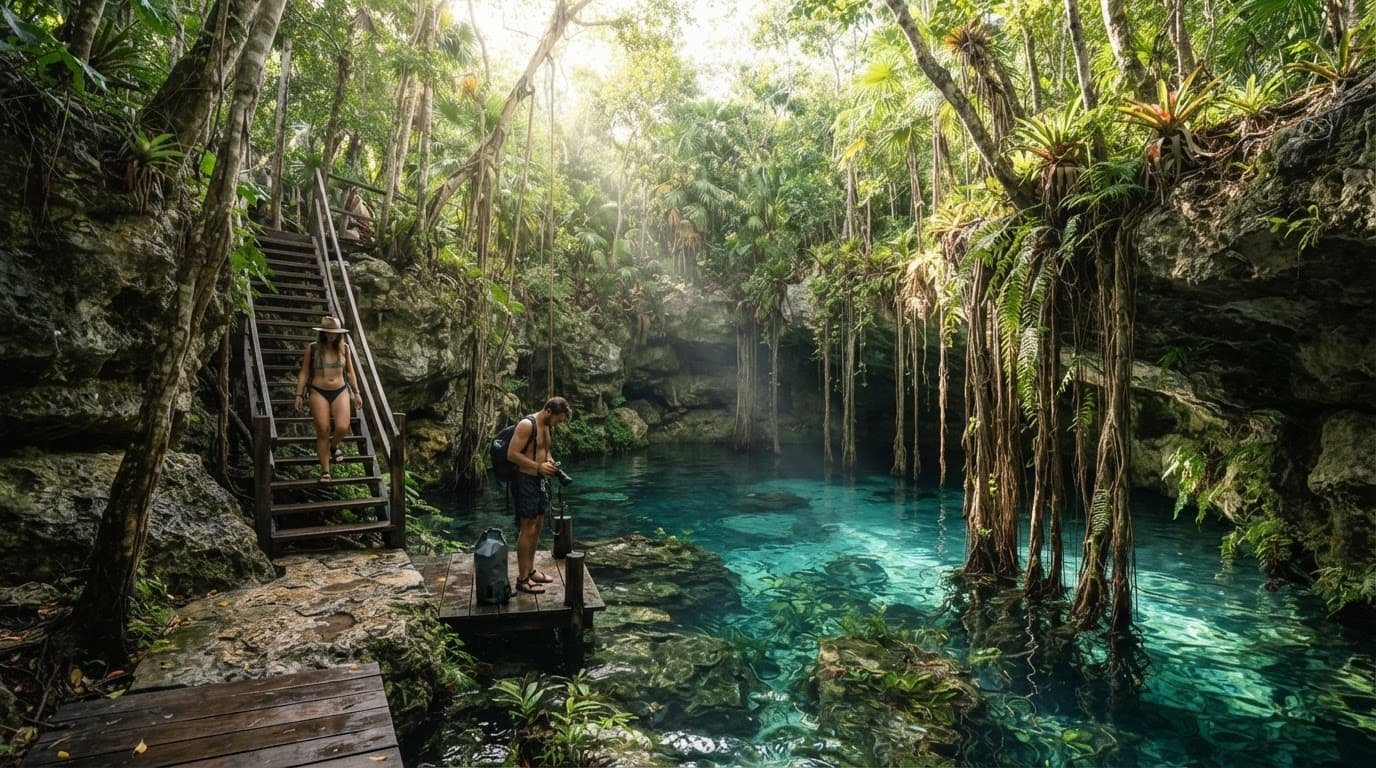 Travelers explore a clear cenote beneath jungle trees beside a wooden boardwalk.