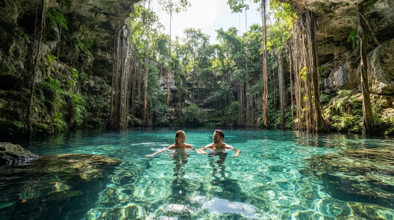 A couple swims in turquoise cenote water beneath limestone cliffs and hanging roots.