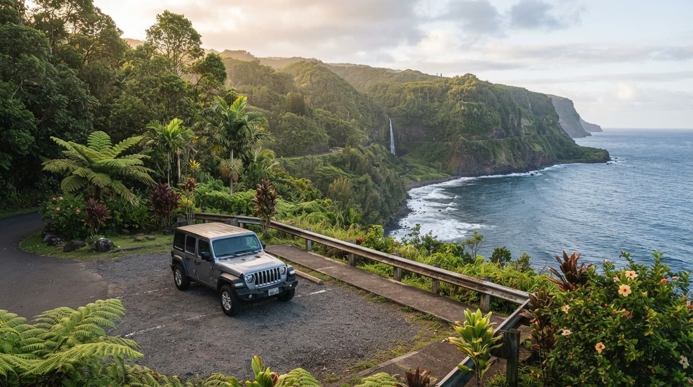 A Maui scenic drive overlooks rainforest coast, cliffs, waterfalls, and ocean.