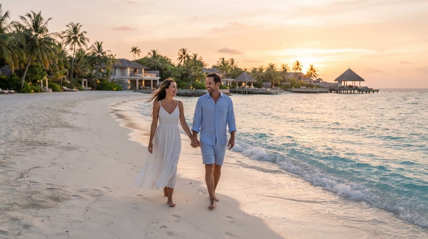 A couple walks along a white beach beside turquoise waves at sunset.