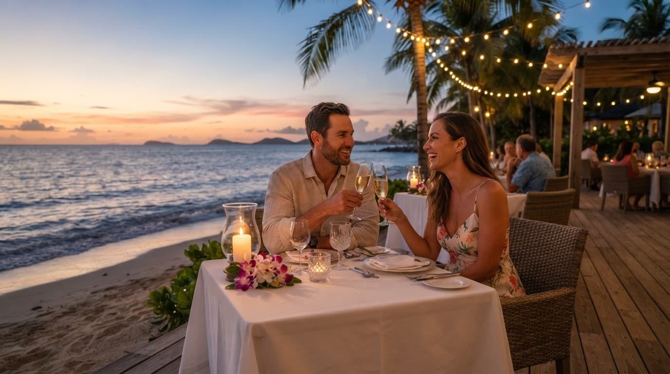 A couple shares dinner by candlelight at an oceanfront restaurant during sunset.