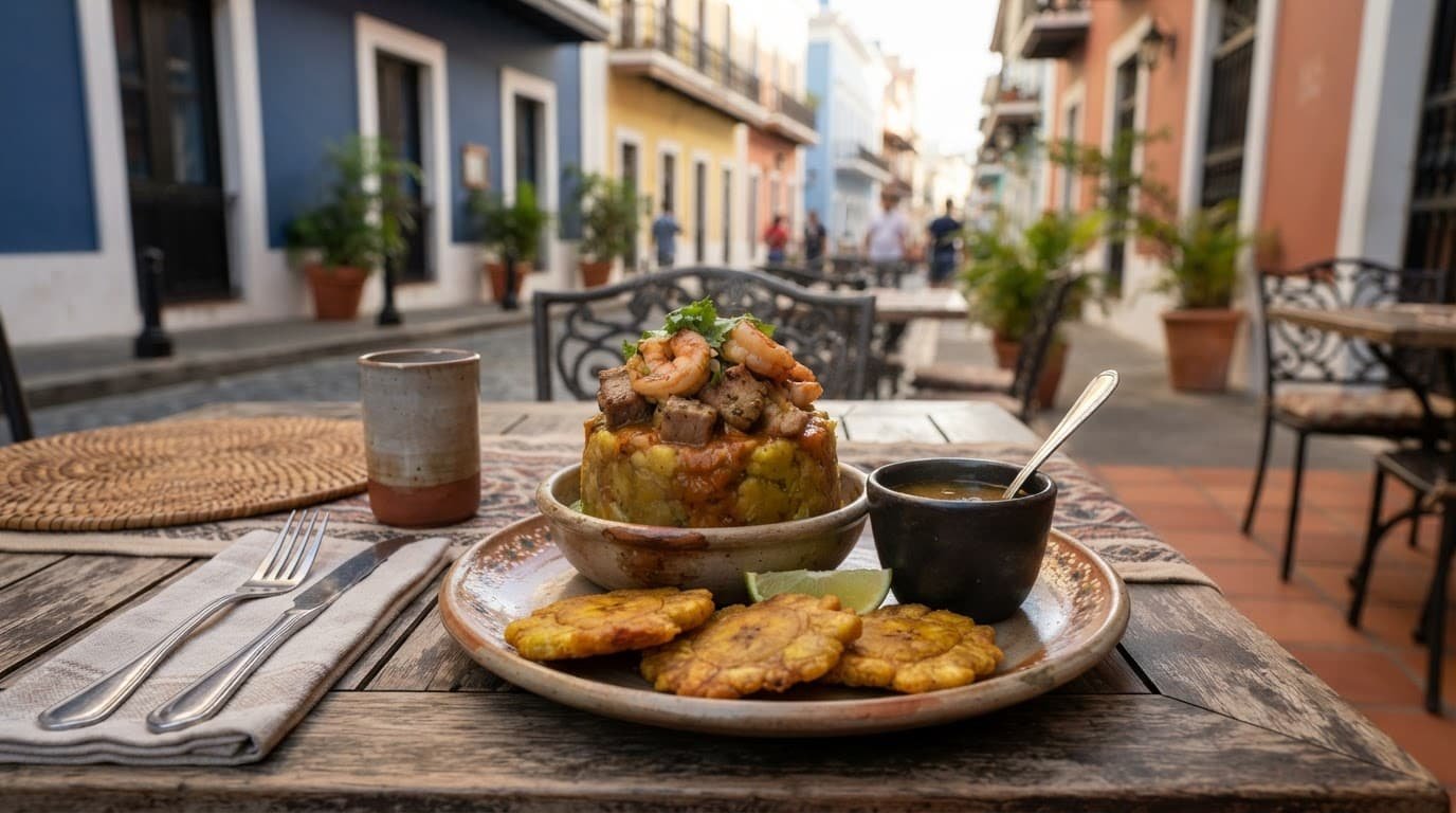 Mofongo with pork, shrimp, plantains, and broth on a sunny restaurant table.