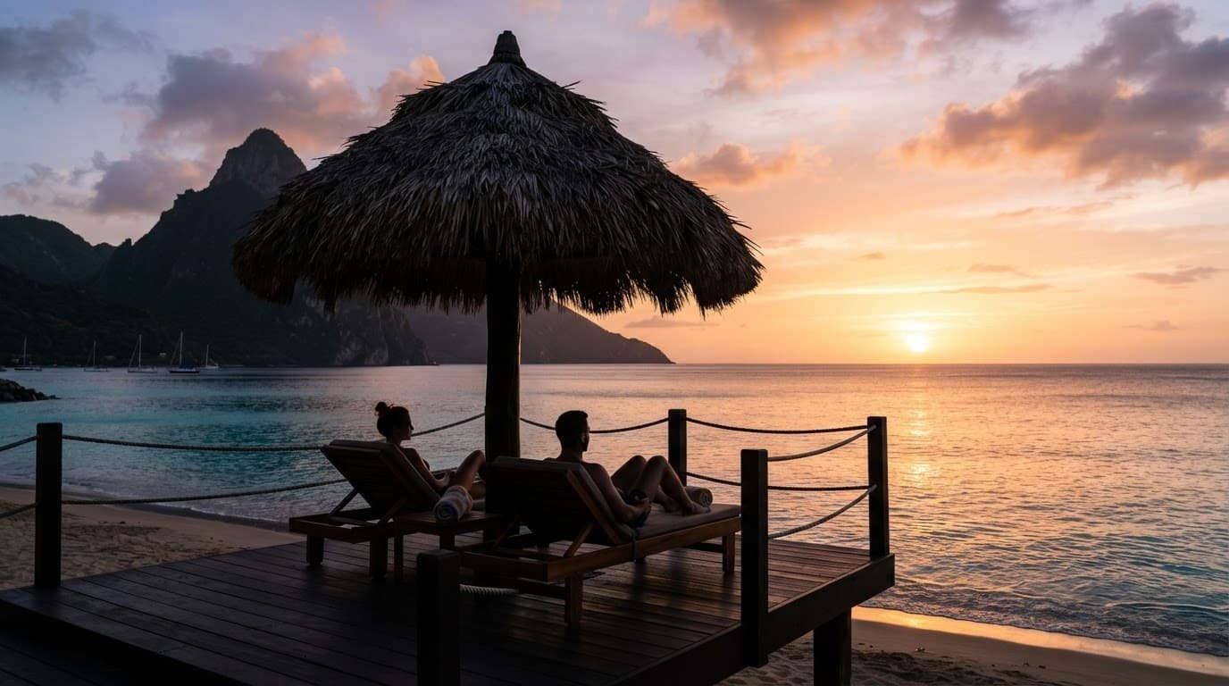 Silhouetted loungers and a thatched umbrella overlook the turquoise sea at sunset in St. Lucia.