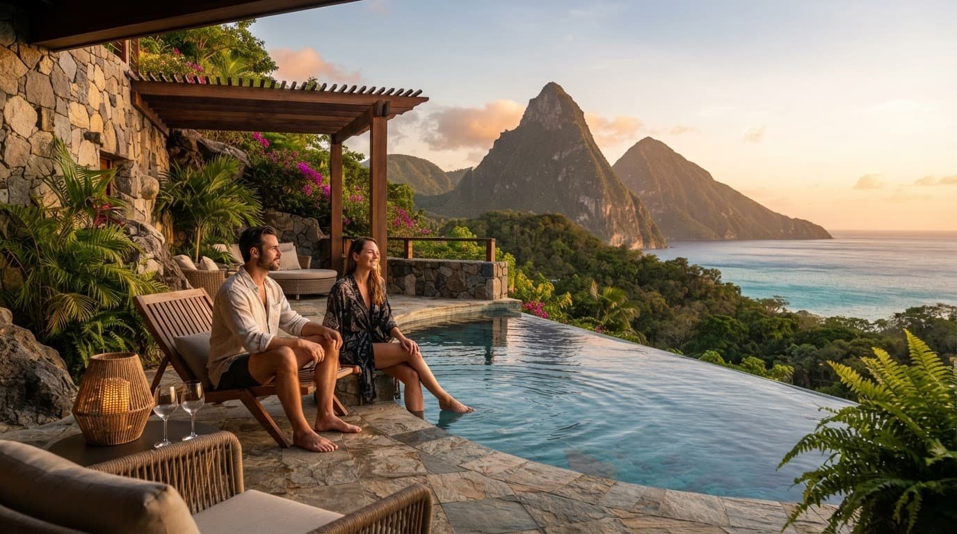 A couple beside an infinity pool overlooking St. Lucia's Pitons and the Caribbean Sea.